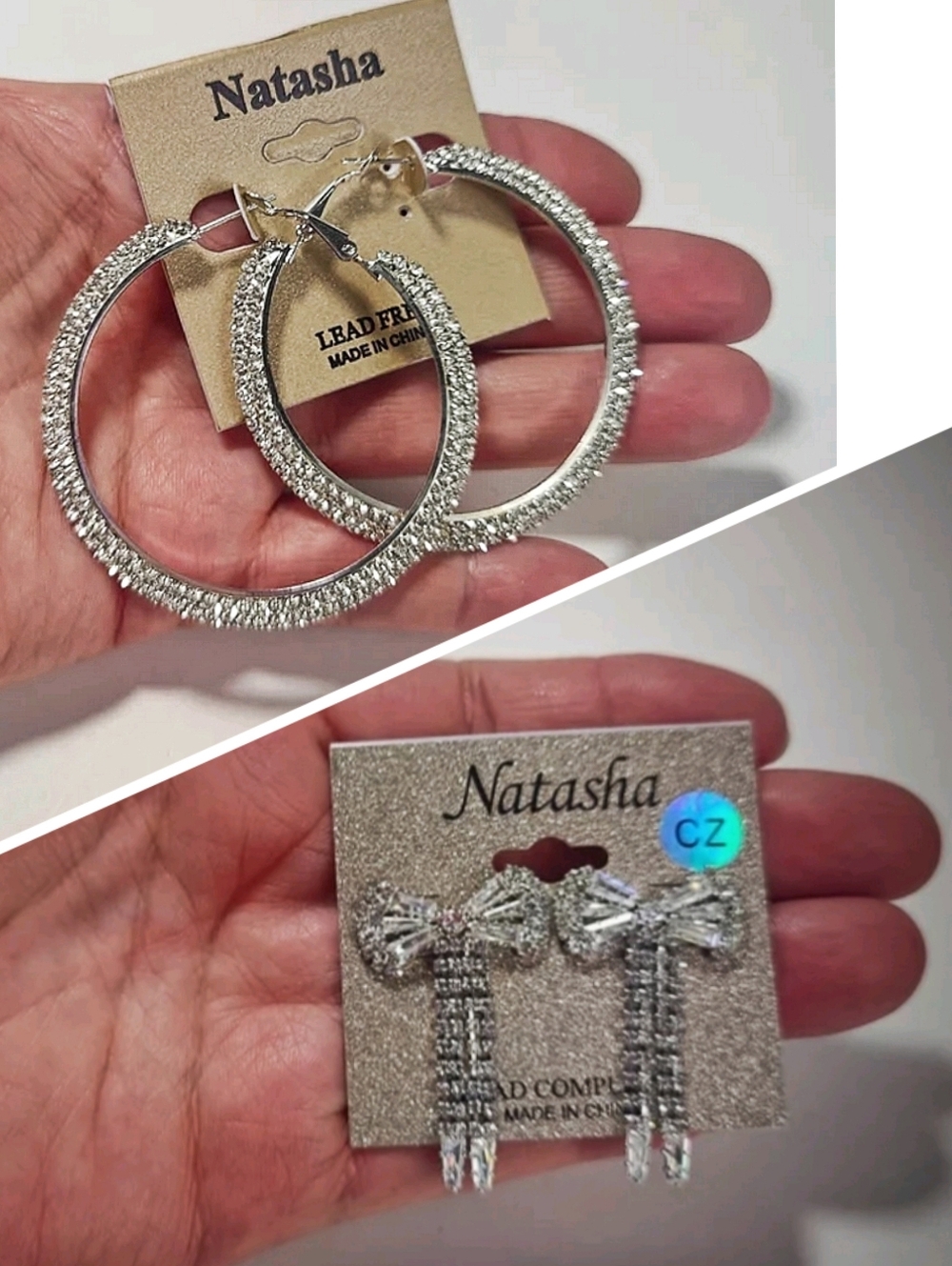 Natasha CZ Rhinestone Earrings Set NWT  Silver Hoop Leverback + CZ Bow Dangle